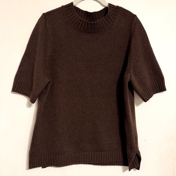 Marled Sweaters - Dark Brown Crew Neck Short Sleeve Knit Sweater